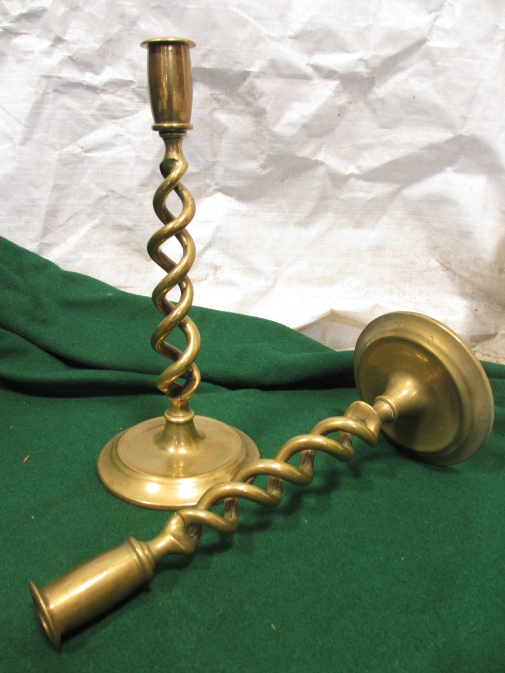 Pair of Victorian brass barley twist candle sticks View III