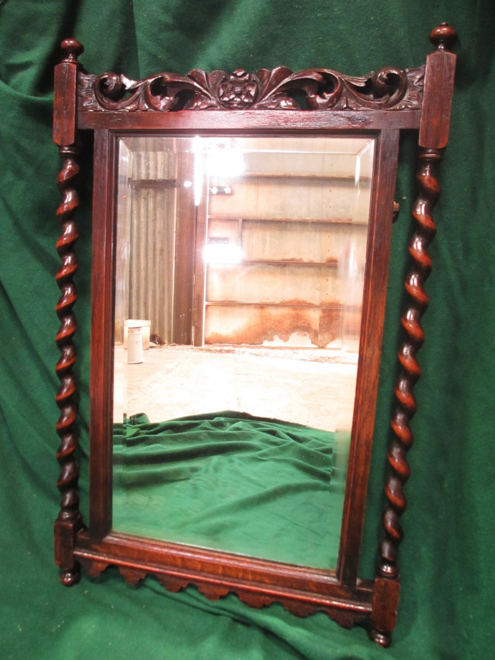 19th century oak framed barley twist bevel glass hanging wall mirror View II