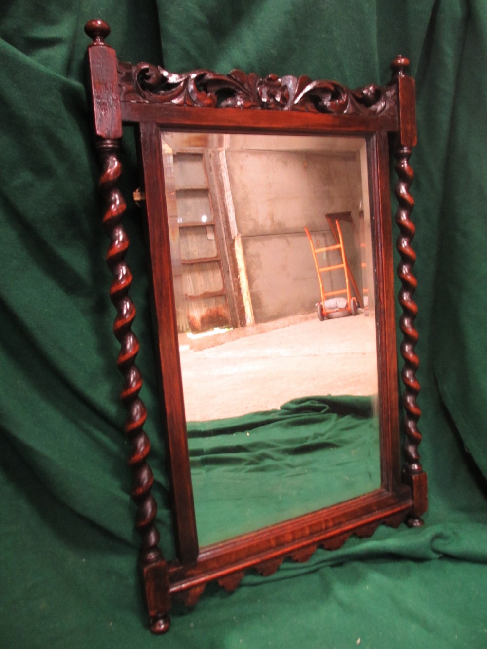 19th century oak framed barley twist bevel glass hanging wall mirror View III