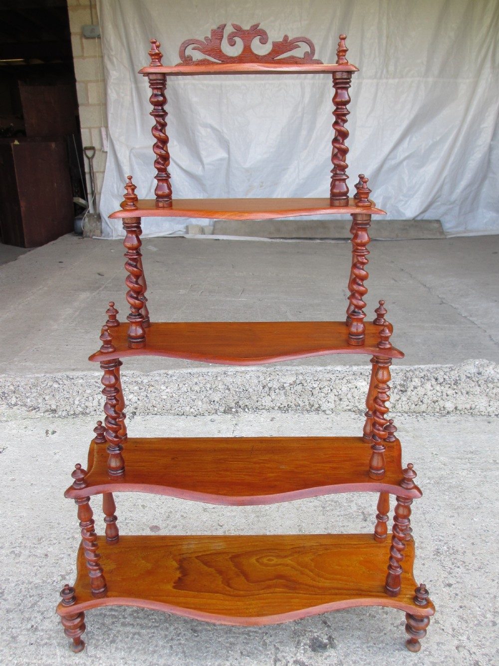 Victorian 5 tier mahogany barley twist serpentine fronted waterfall whatnot 
