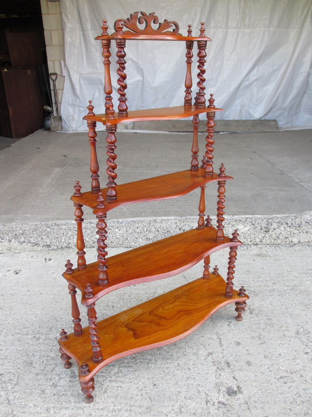 Victorian 5 tier mahogany barley twist serpentine fronted waterfall whatnot  View II