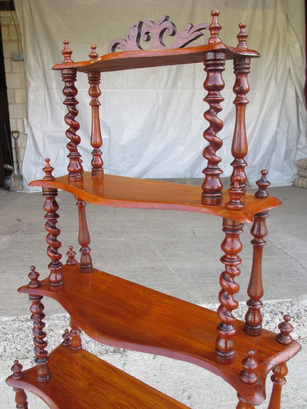 Victorian 5 tier mahogany barley twist serpentine fronted waterfall whatnot  View IV
