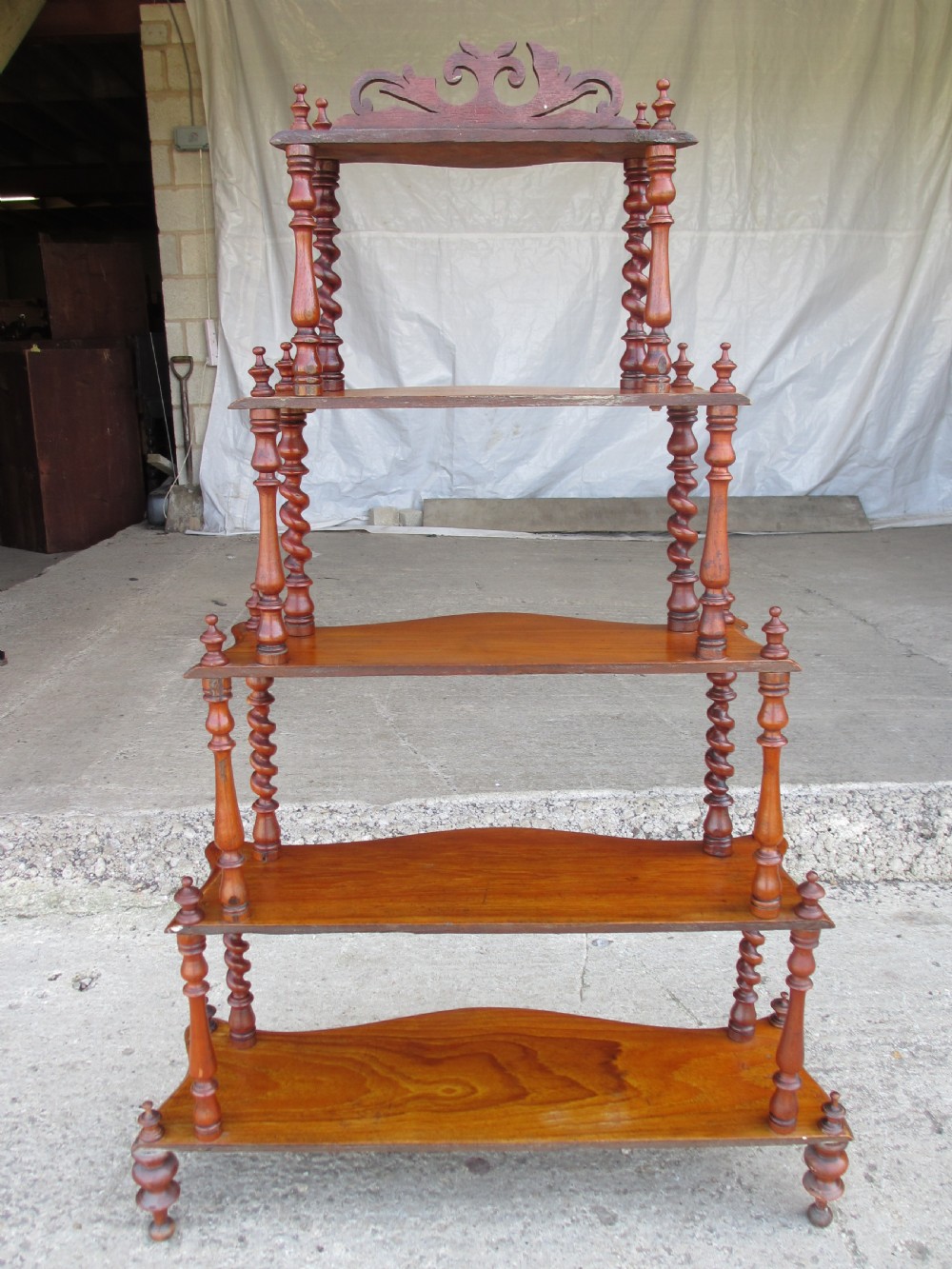 Victorian 5 tier mahogany barley twist serpentine fronted waterfall whatnot  View XIII
