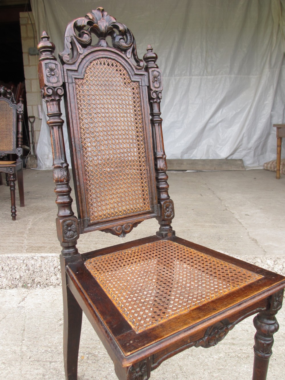 Set of 4 oak Victorian carved bergere dining chairs View III