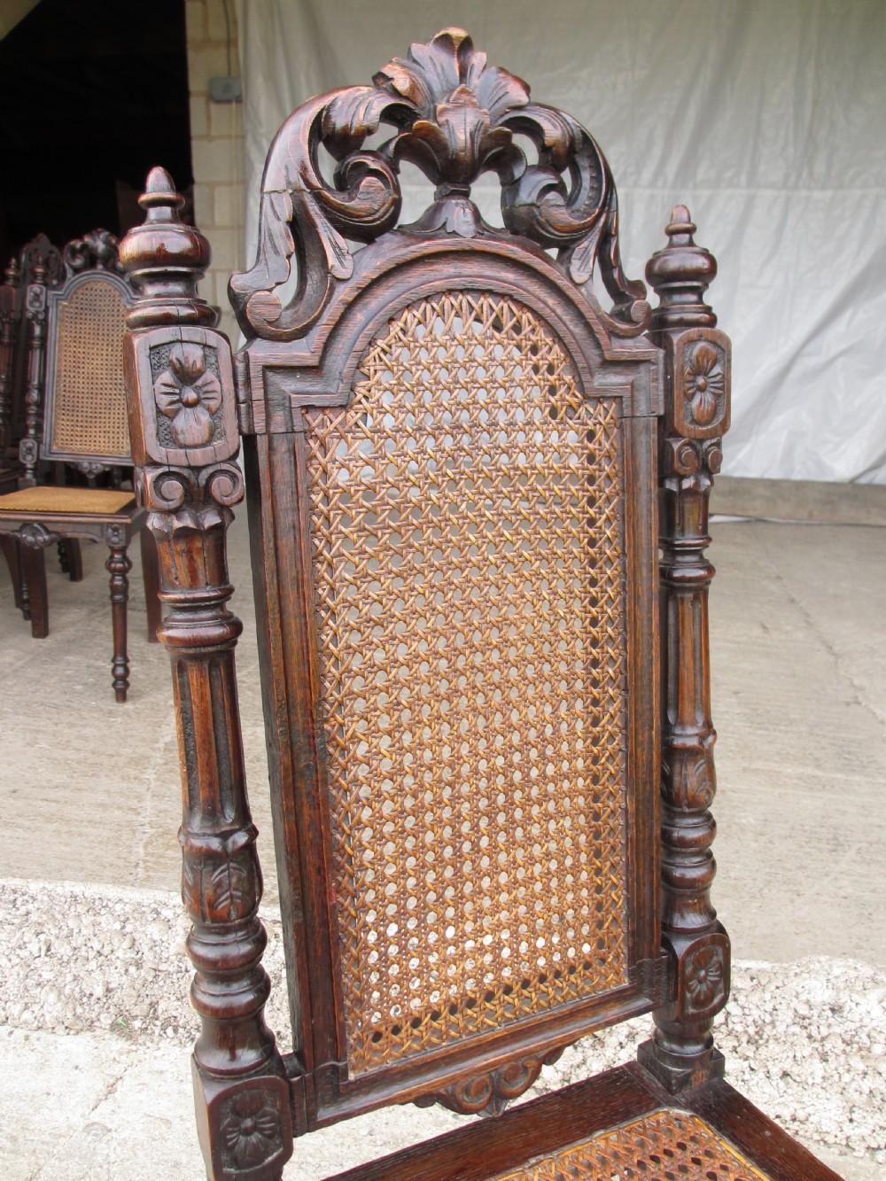 Set of 4 oak Victorian carved bergere dining chairs View V