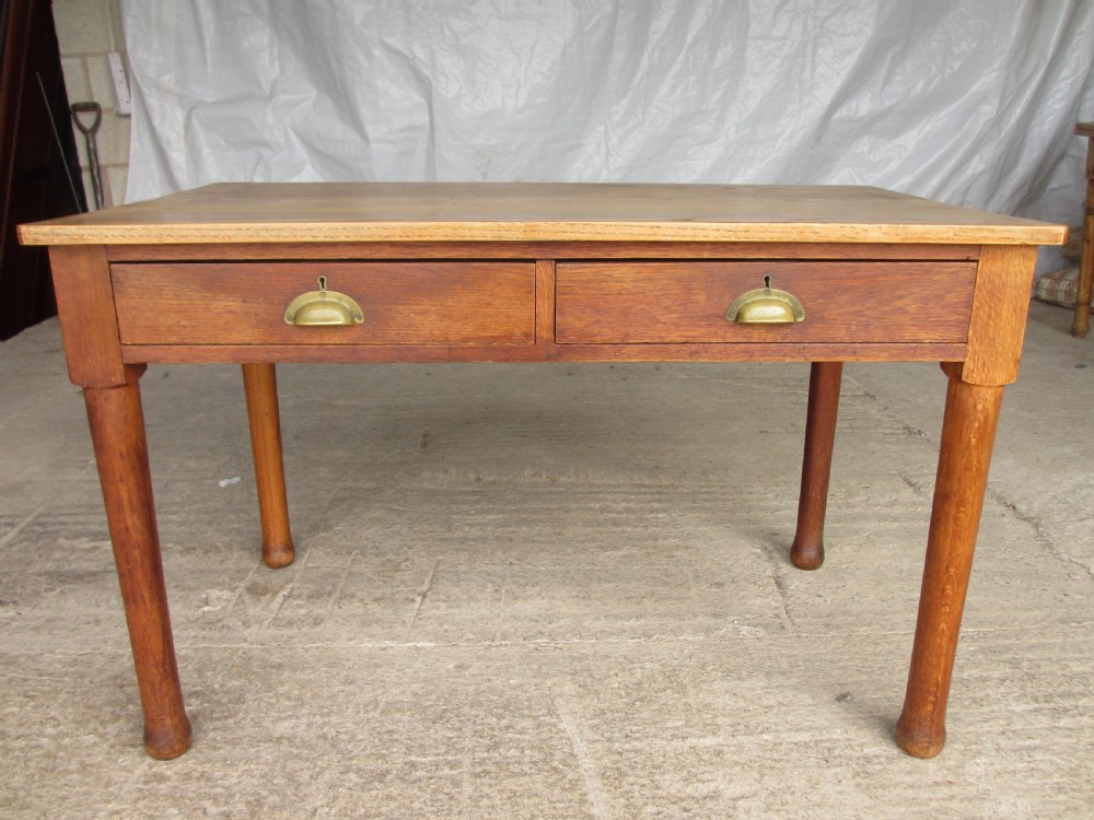 Victorian oak kitchen table with twin drawers  View II