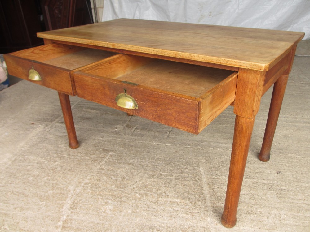 Victorian oak kitchen table with twin drawers  View X