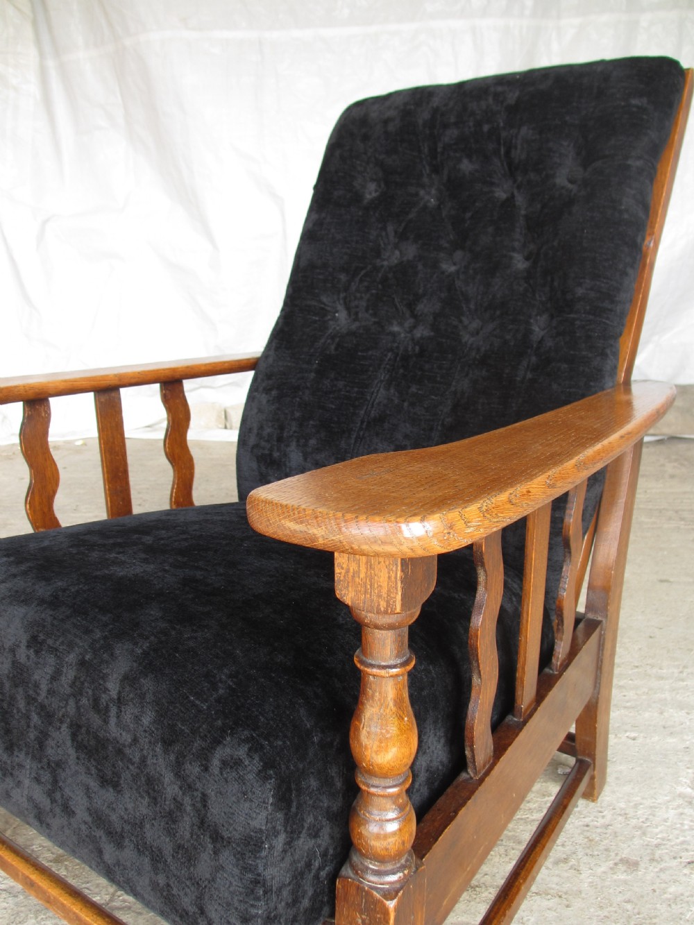 A pair of Edwardian oak plantation style Art Deco adjustable lean back armchairs View IV