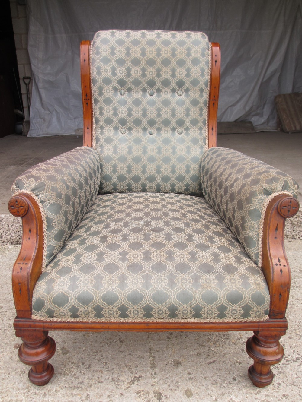 Victorian oak framed gothic style fully upholstered easy armchair View II