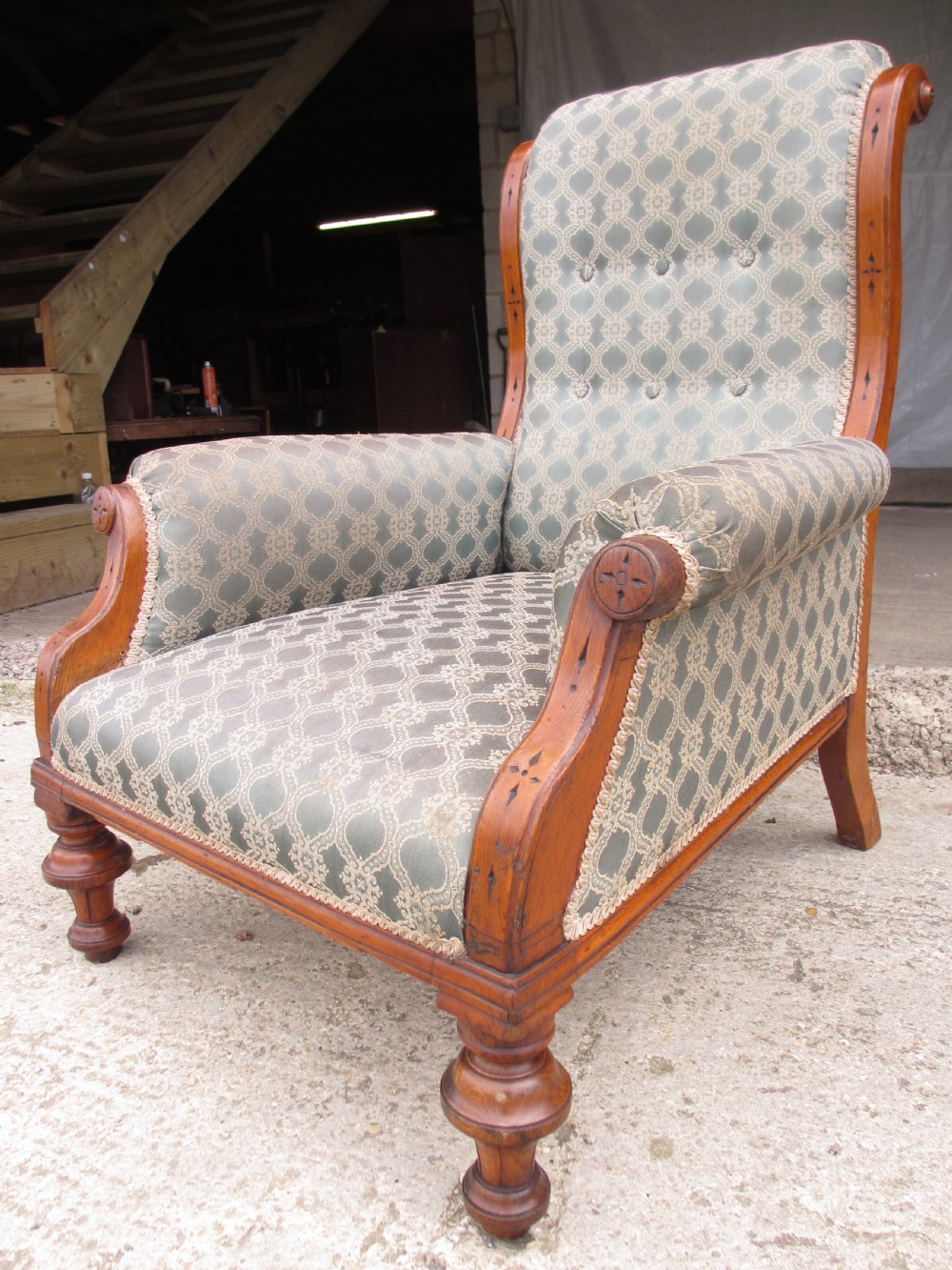 Victorian oak framed gothic style fully upholstered easy armchair View III