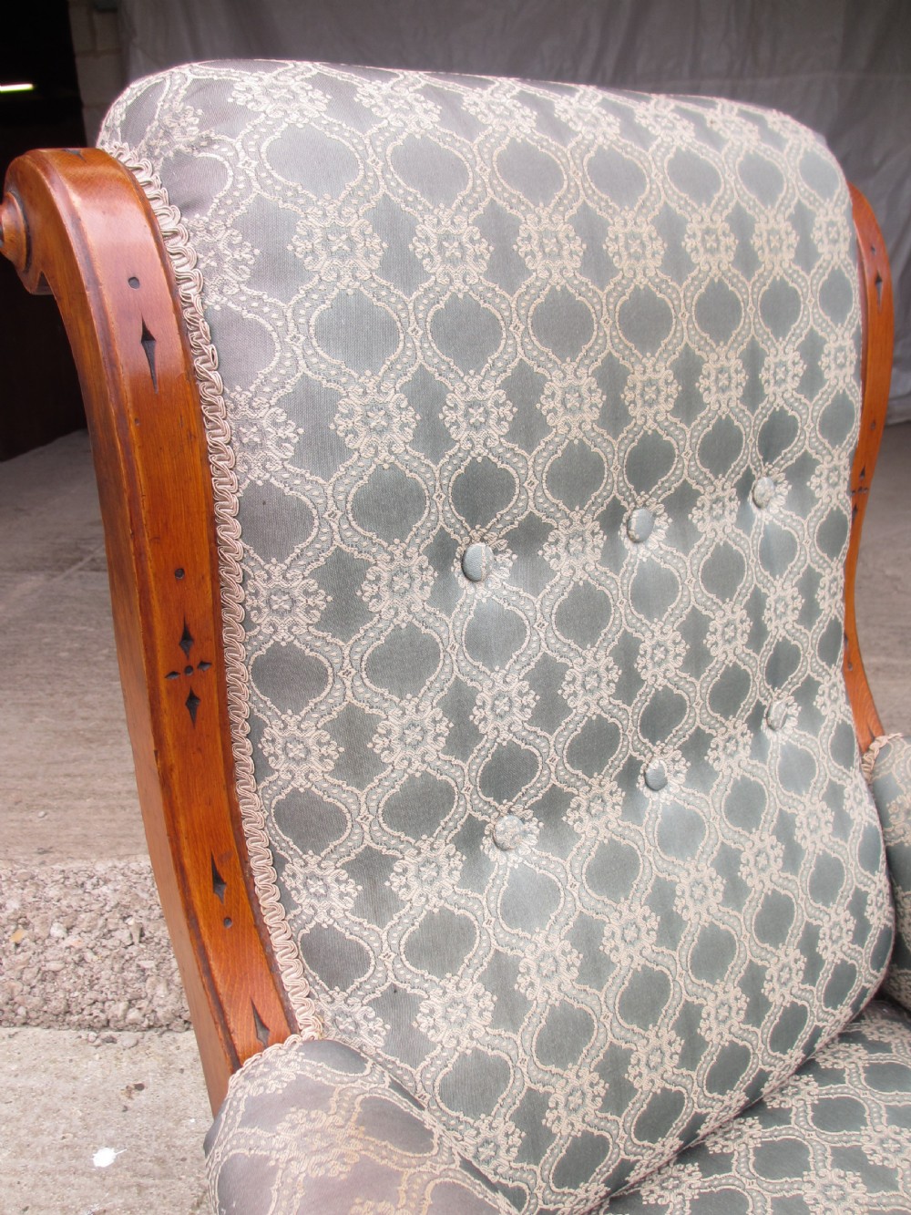 Victorian oak framed gothic style fully upholstered easy armchair View IV