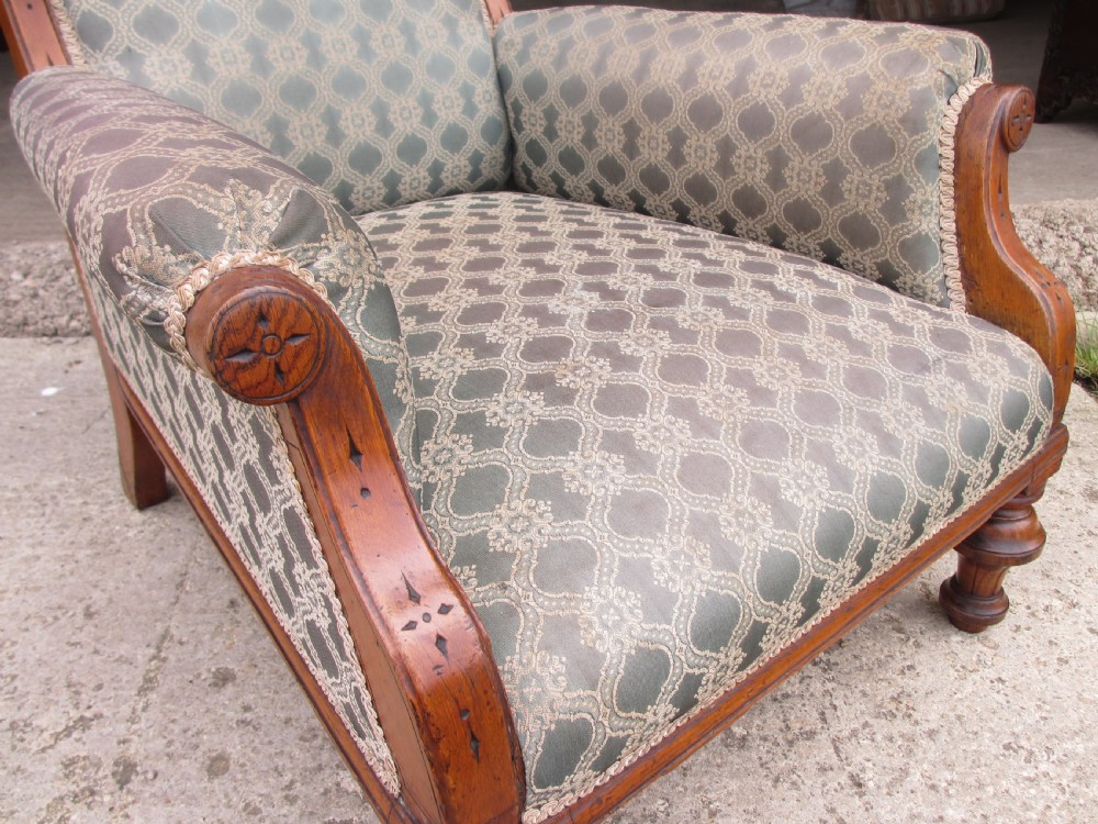 Victorian oak framed gothic style fully upholstered easy armchair View VII