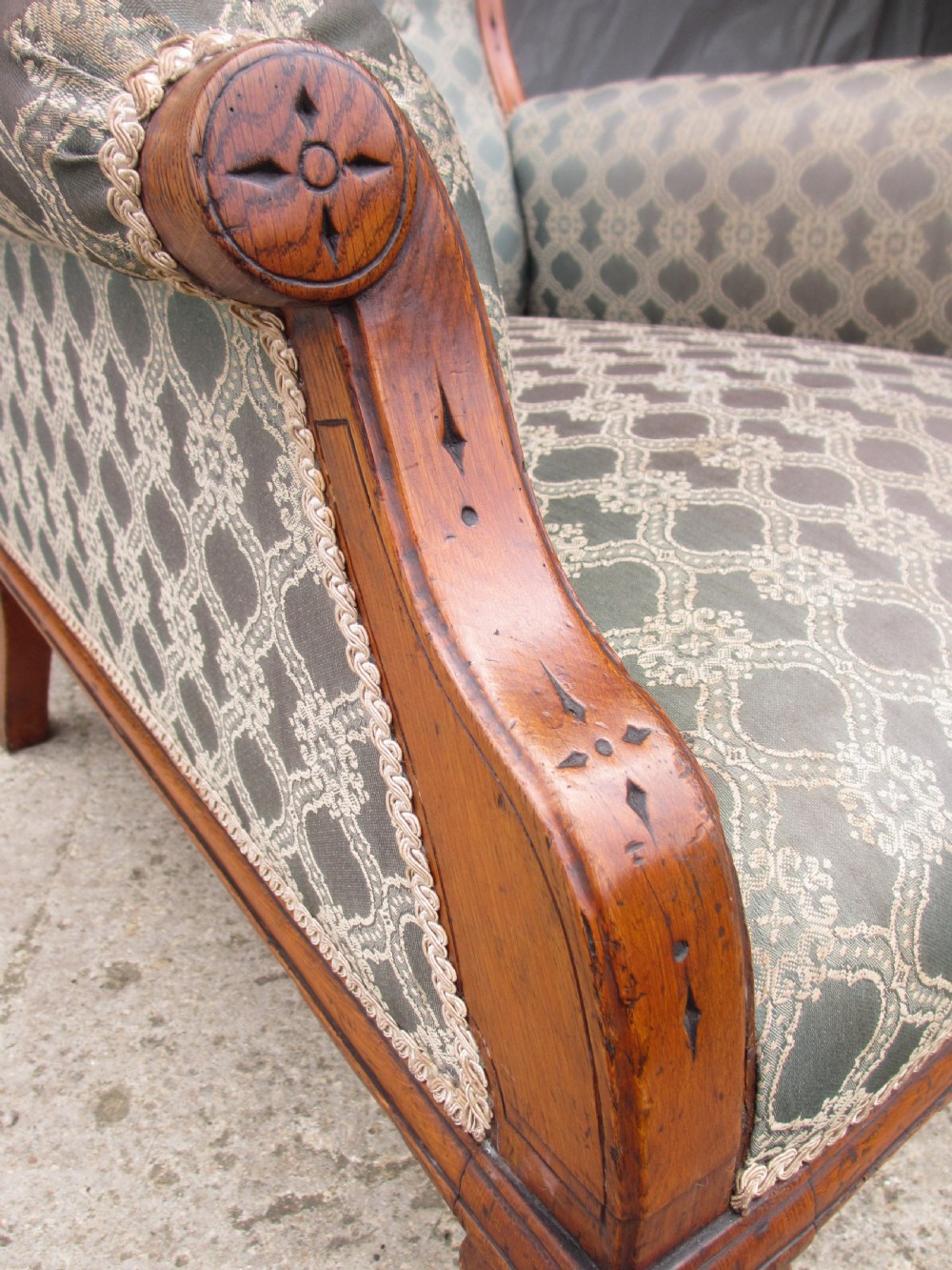 Victorian oak framed gothic style fully upholstered easy armchair View VIII