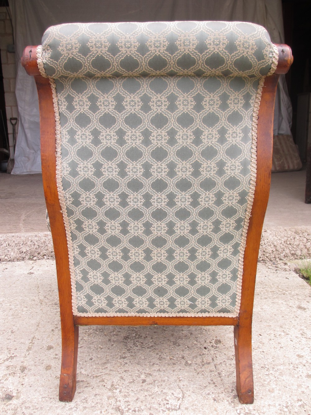 Victorian oak framed gothic style fully upholstered easy armchair View XII