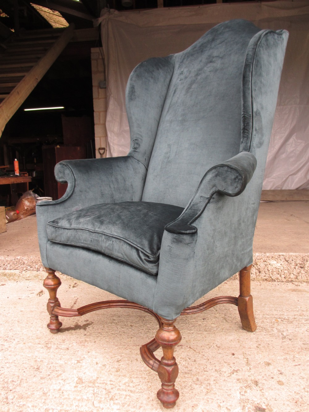 19th century walnut Queen Anne style high back winged armchair View II