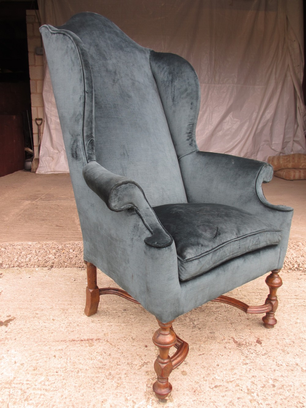 19th century walnut Queen Anne style high back winged armchair View V