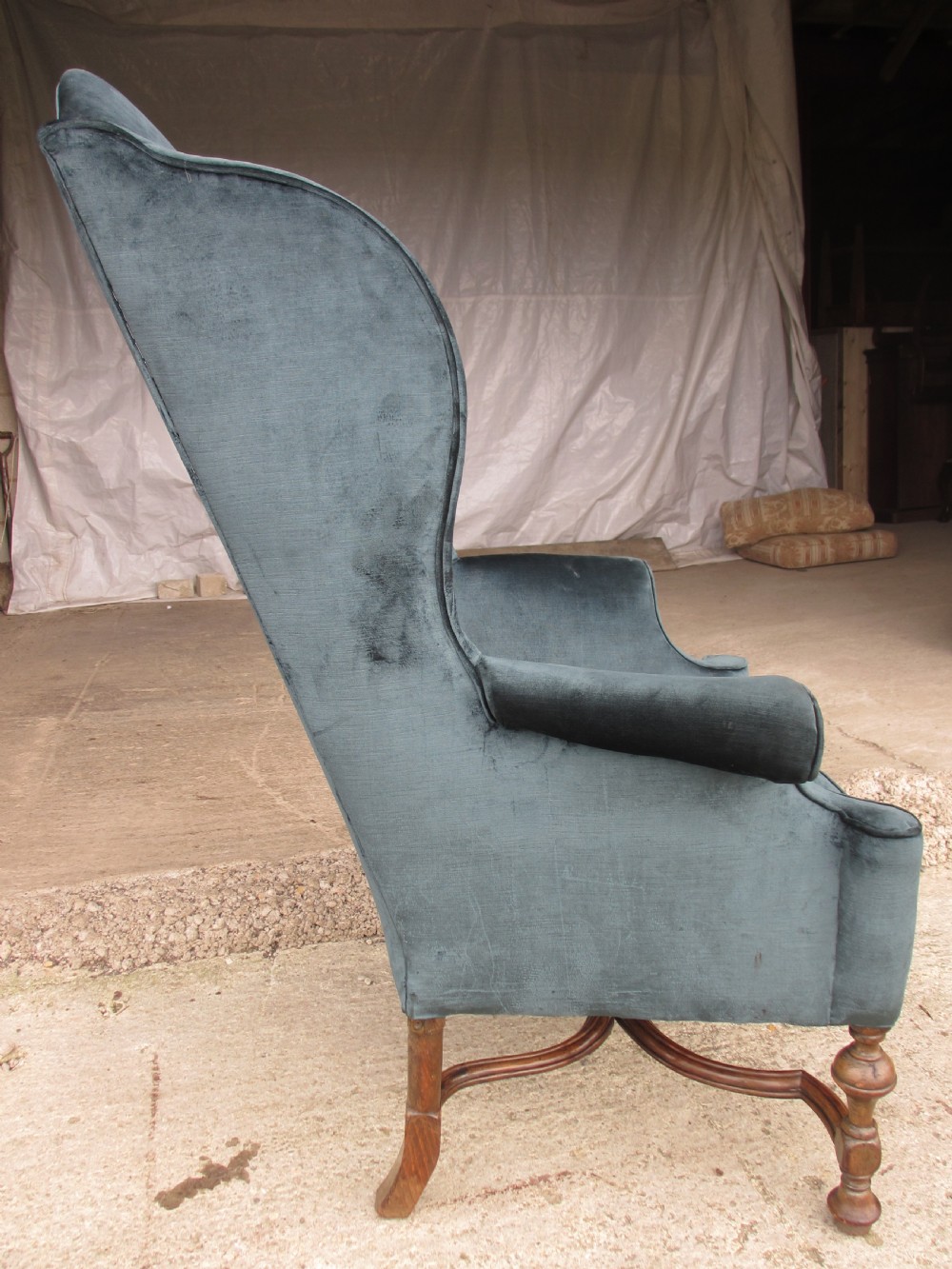19th century walnut Queen Anne style high back winged armchair View XI