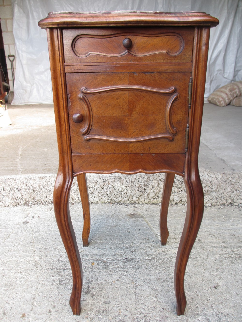 19th century French walnut and oak marble topped bedside cabinet View III