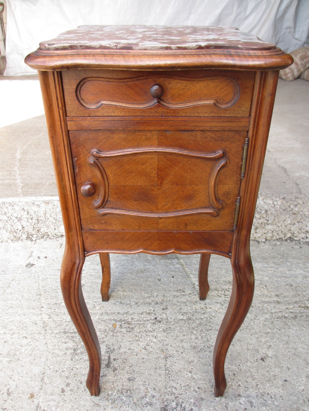19th century French walnut and oak marble topped bedside cabinet View II