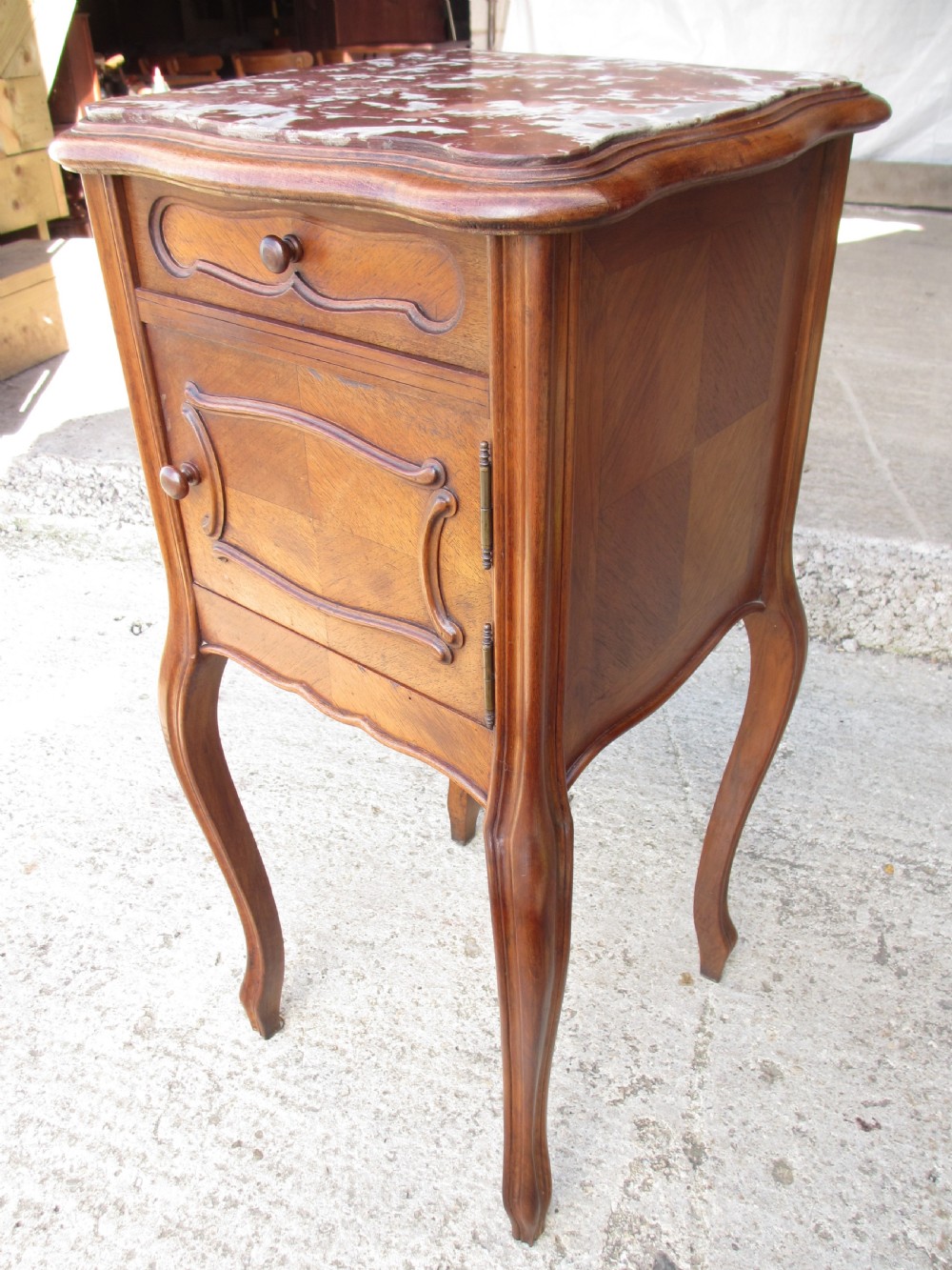 19th century French walnut and oak marble topped bedside cabinet View IV