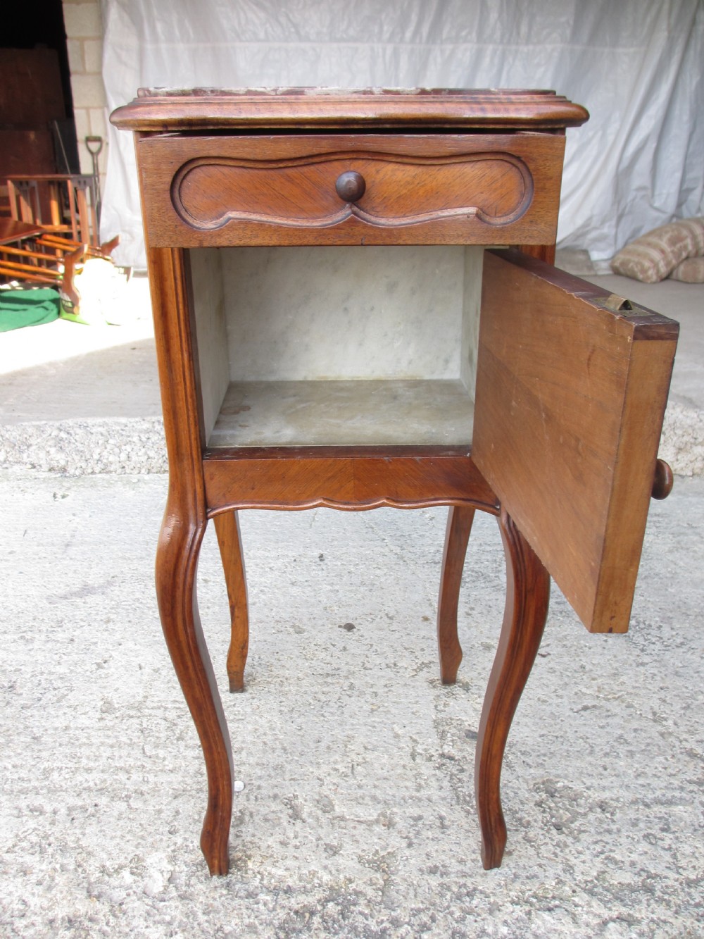 19th century French walnut and oak marble topped bedside cabinet View IX