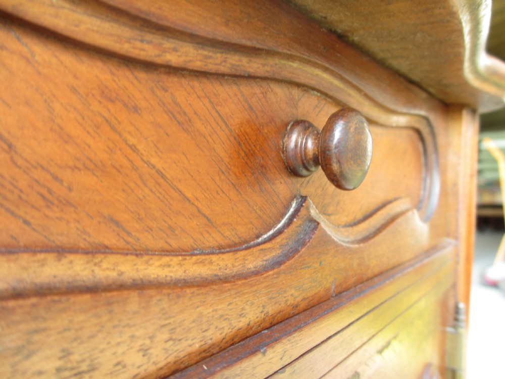 19th century French walnut and oak marble topped bedside cabinet View X