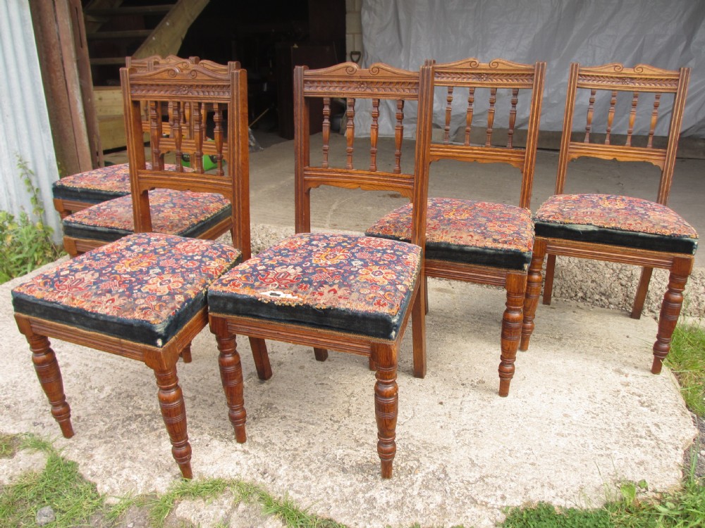 Set of 6 Victorian golden oak arts and crafts dining chairs View III