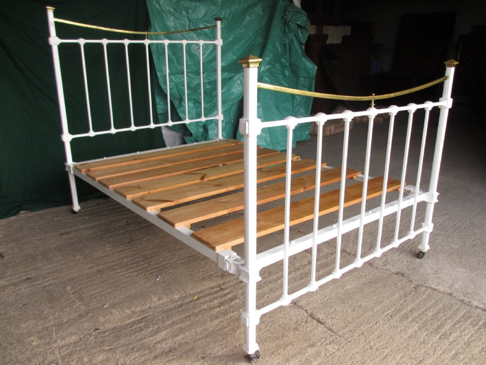 Victorian brass and iron white painted double bedstead View II