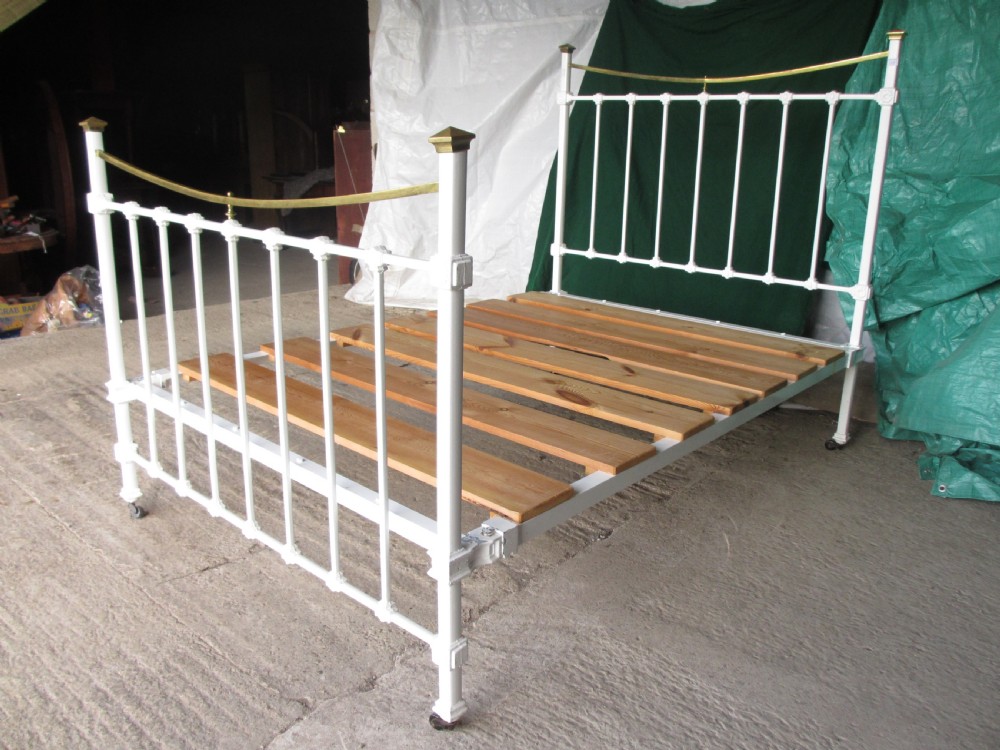 Victorian brass and iron white painted double bedstead View III