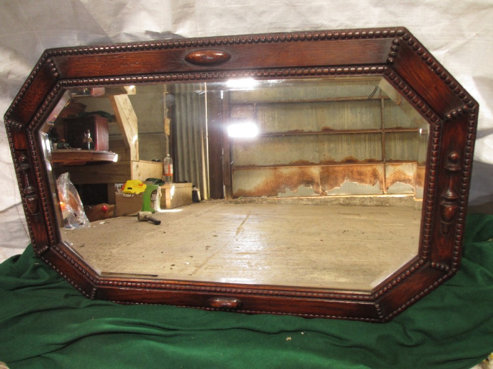 Victorian oak framed canted bevel edged wall hanging mirror View II
