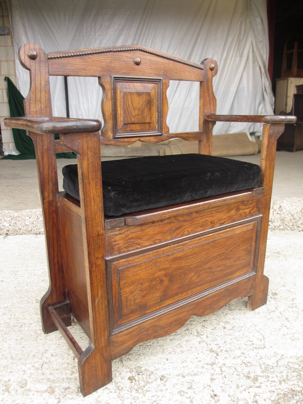 Victorian small oak hall settle with panelled back View XIII