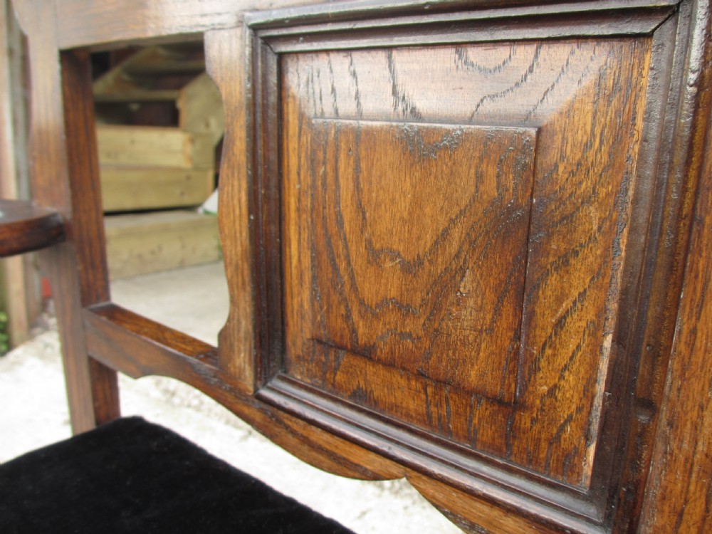 Victorian small oak hall settle with panelled back View VII