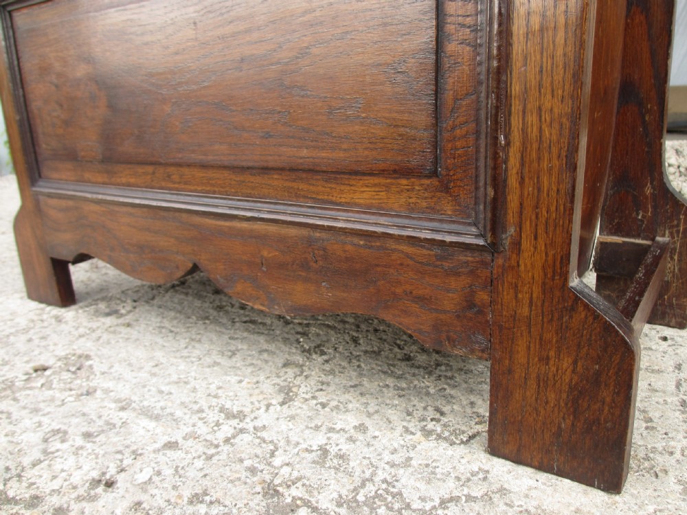 Victorian small oak hall settle with panelled back View VIII