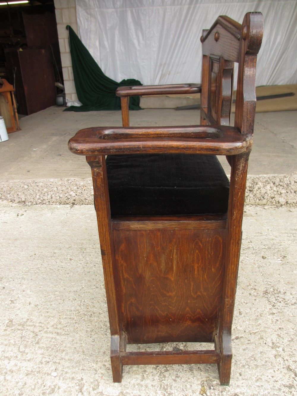 Victorian small oak hall settle with panelled back View XI