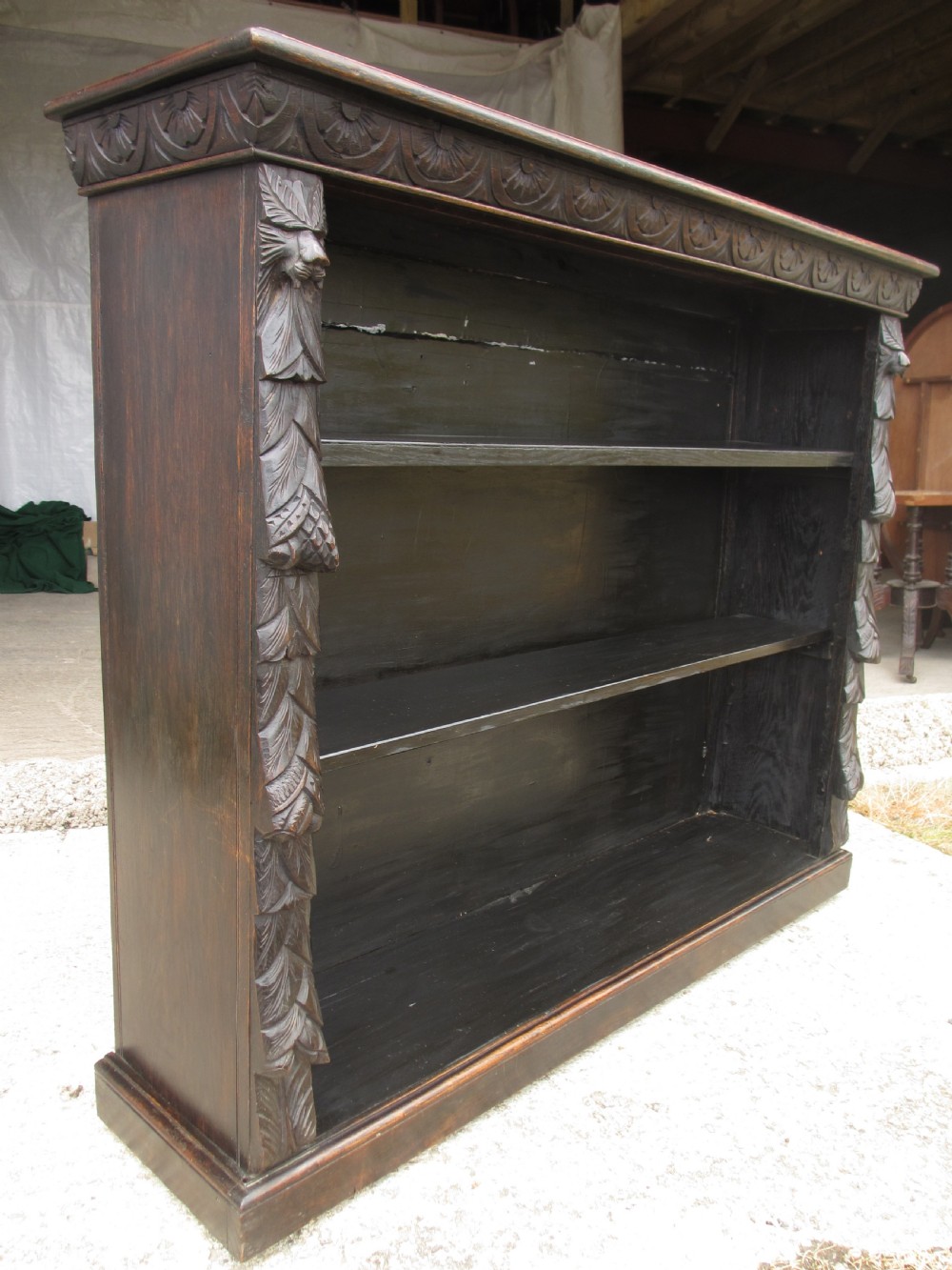 Victorian carved oak open bookcase with adjustable shelves View II