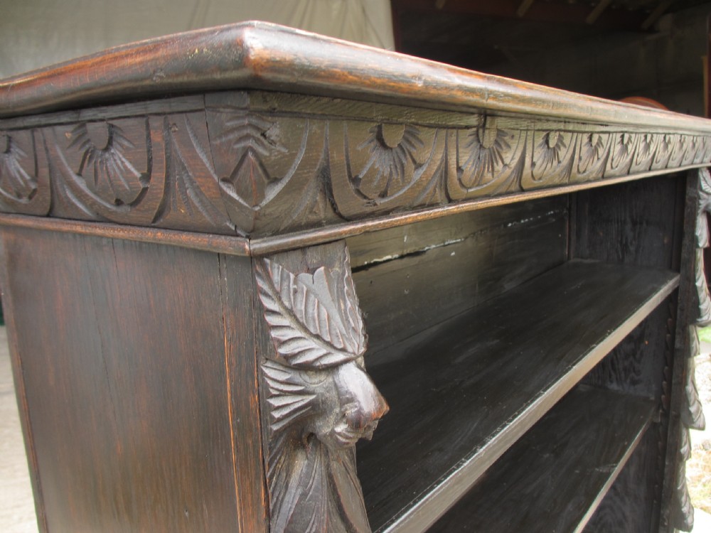 Victorian carved oak open bookcase with adjustable shelves View III