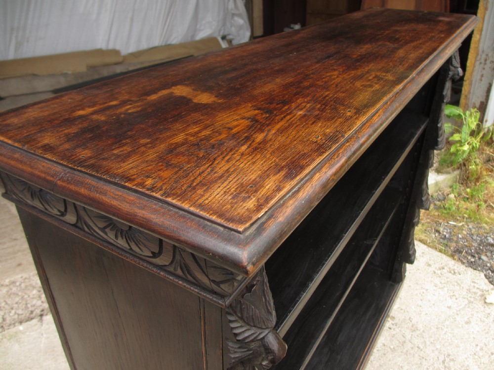 Victorian carved oak open bookcase with adjustable shelves View IV