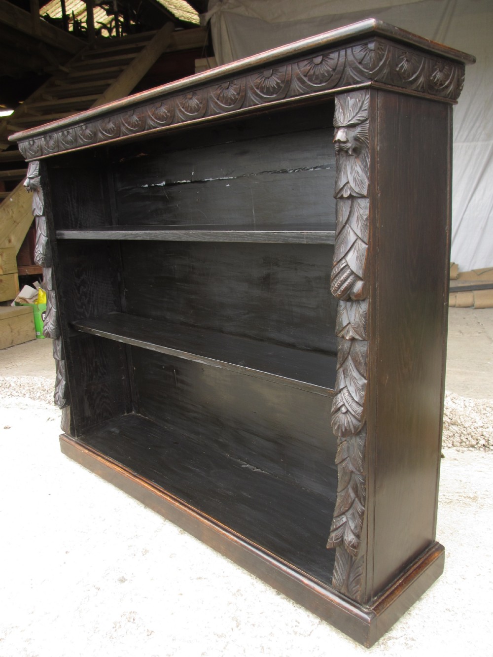 Victorian carved oak open bookcase with adjustable shelves View V