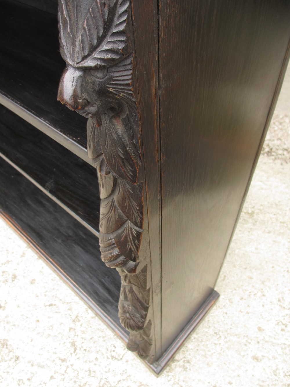 Victorian carved oak open bookcase with adjustable shelves View IX