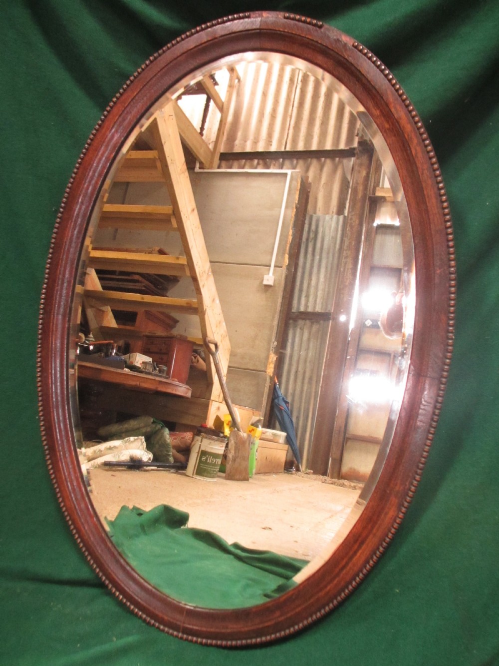 Victorian bevel oak oval wall hanging mirror View II