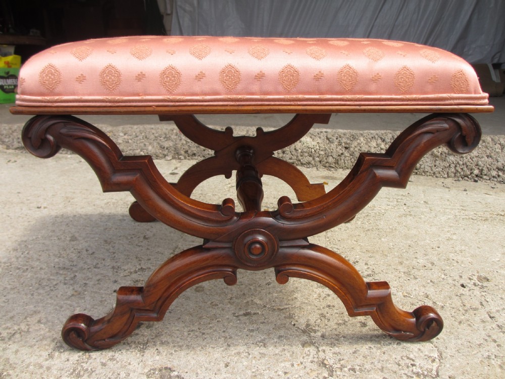 Victorian mahogany dressing stool with pink upholstered seat View VIII