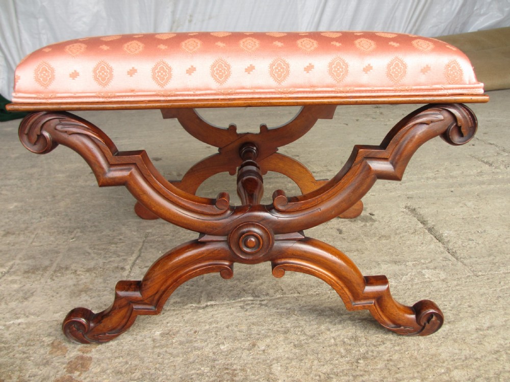 Victorian mahogany dressing stool with pink upholstered seat View XI