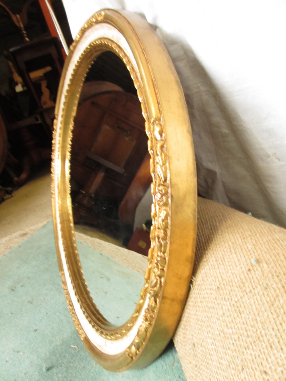 Victorian oval gilt and white framed wall hanging mirror View X