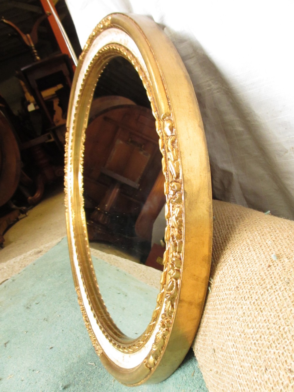 Victorian oval gilt and white framed wall hanging mirror View XI