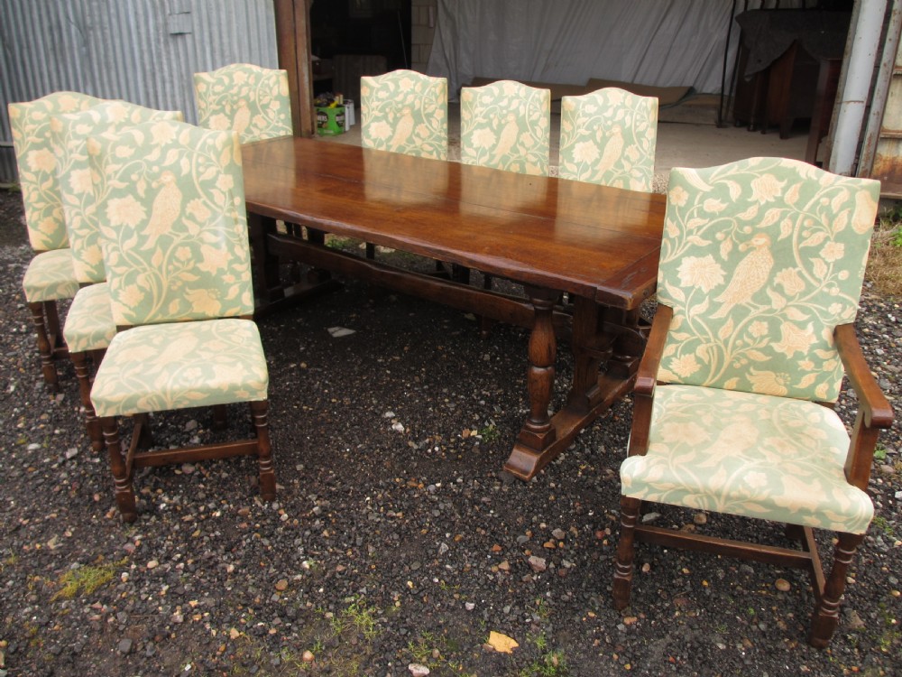 17th century style oak refectory plank dining table and chairs