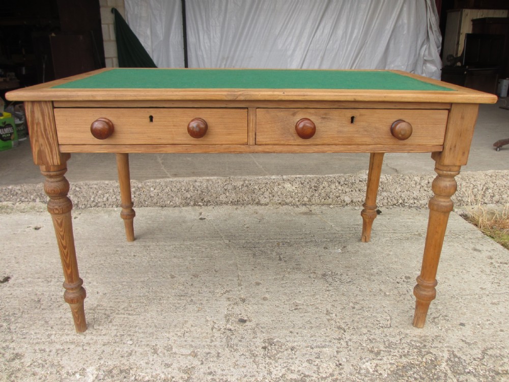 Victorian pitch pine baze top 2 drawer writing table