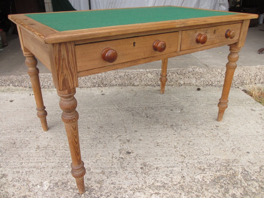 Victorian pitch pine baze top 2 drawer writing table View II