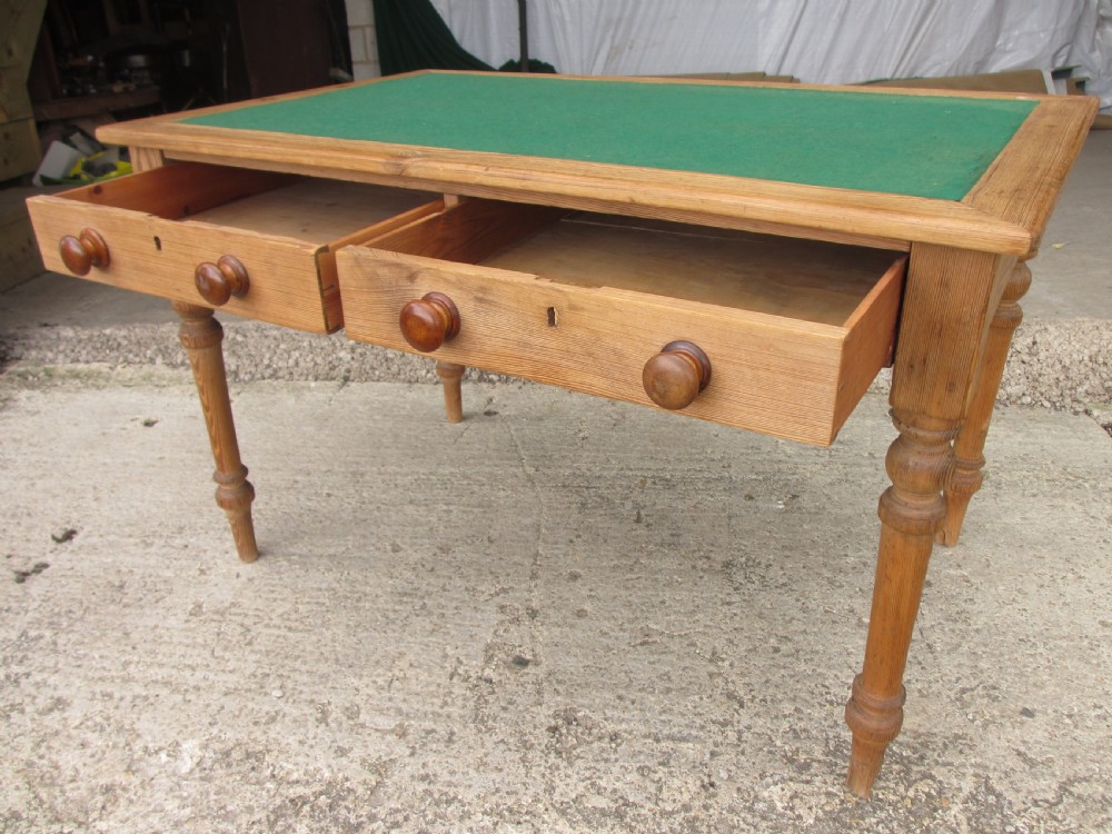 Victorian pitch pine baze top 2 drawer writing table View VIII
