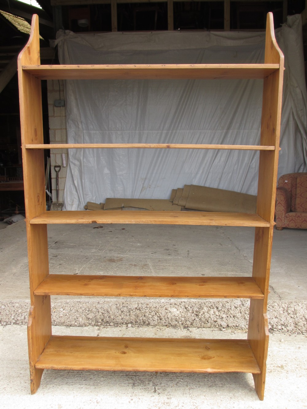19th century pitch pine standing art and crafts shaped 5 tier bookcase View II