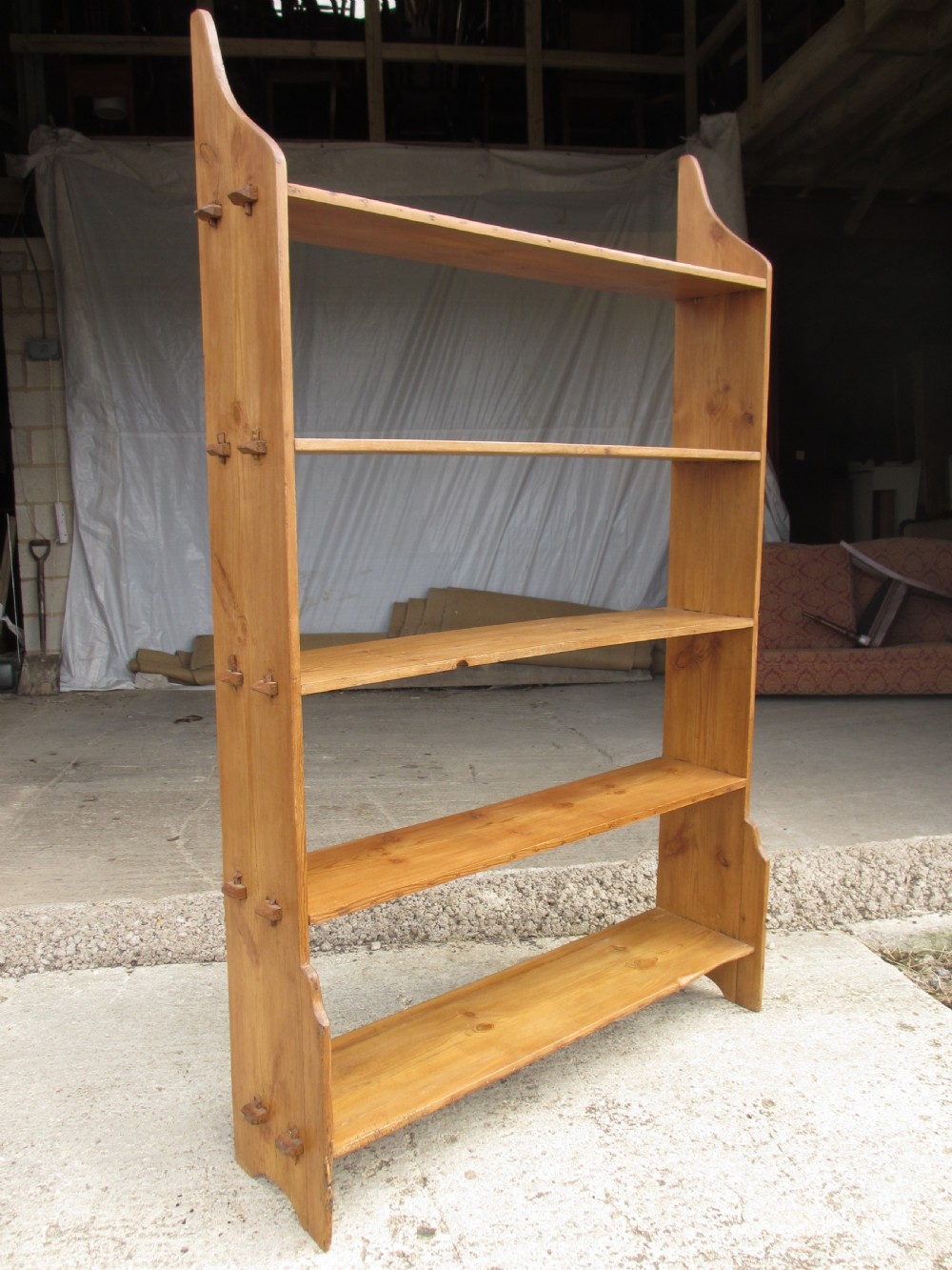 19th century pitch pine standing art and crafts shaped 5 tier bookcase View III